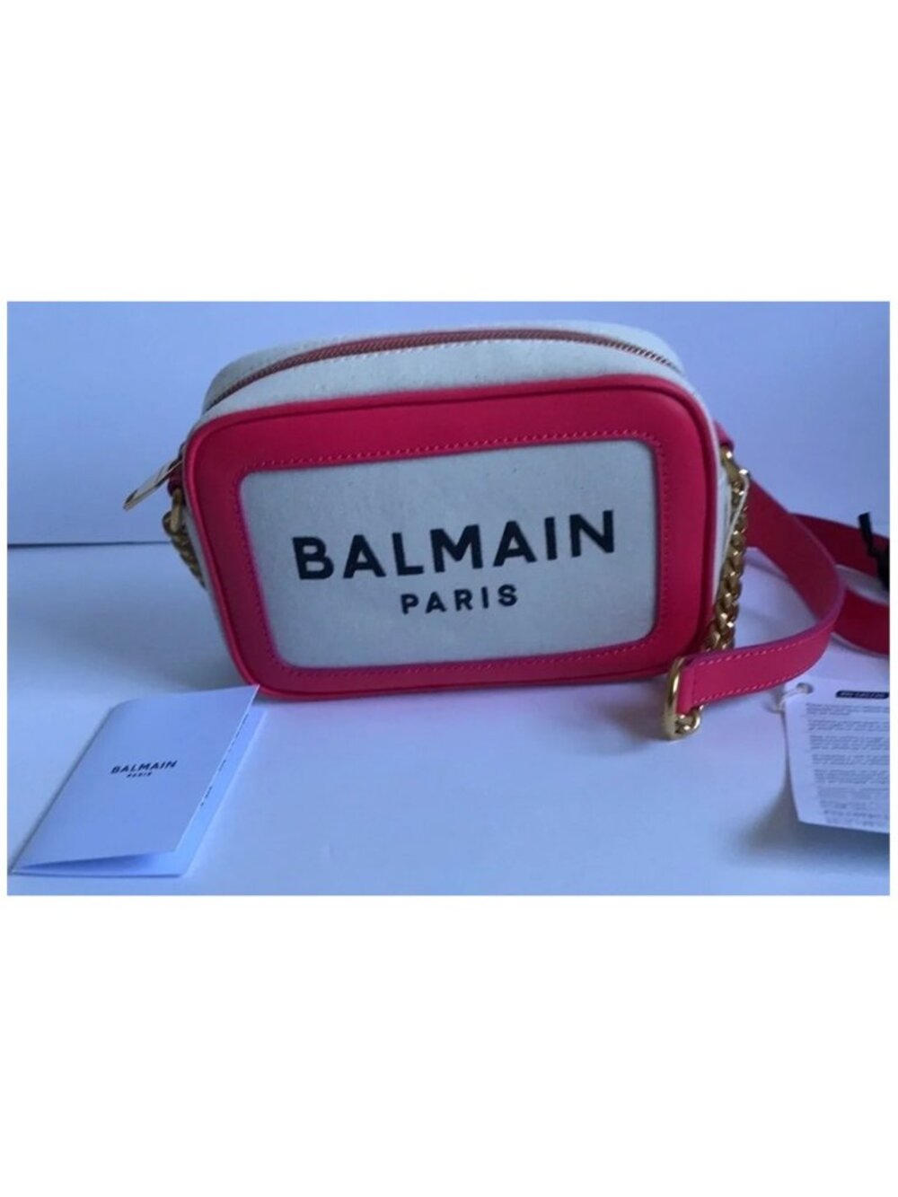 New Authentic Balmain Pink Leather-Trim Canvas Crossbody Bag